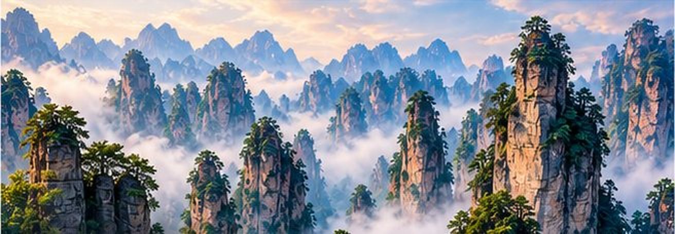 The sandstone pillars of Zhangjiajie in morning mist